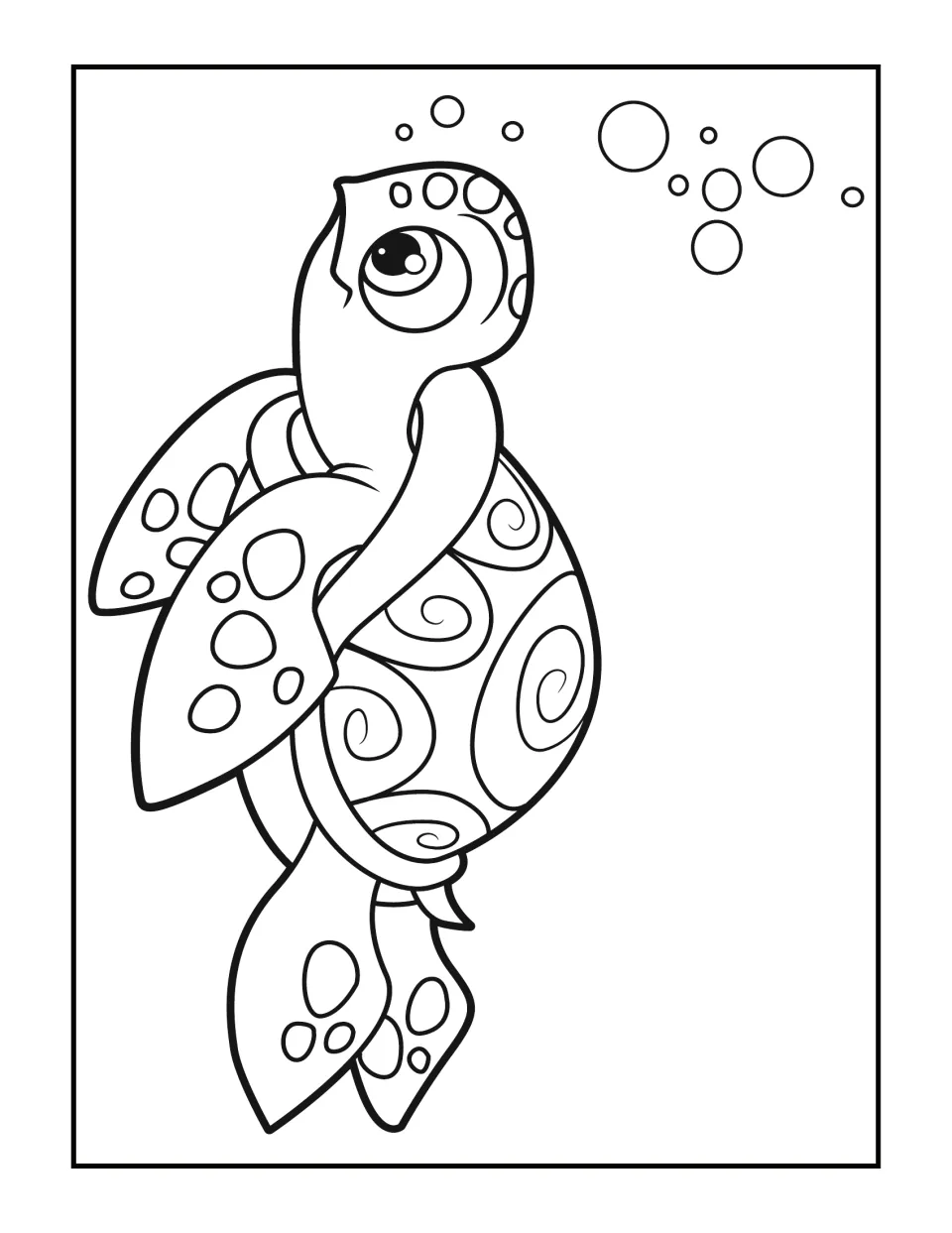 Sea turtle swimming up toward bubbles, with swirls on its shell and spots on its flippers; students color the scene