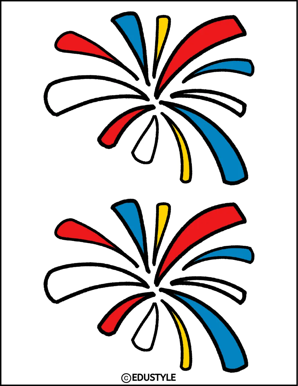 Two matching firework burst cutouts in red, white, blue, and yellow for the Fourth of July display kit