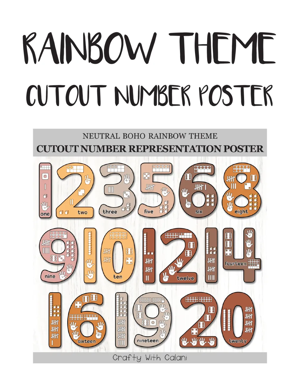 Cover of the rainbow theme cutout number poster resource, showing sample numerals with number representations