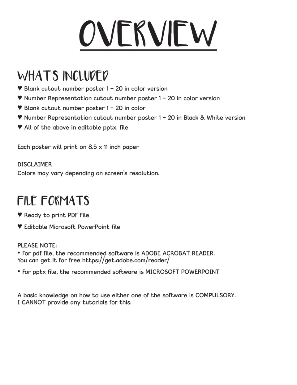 Overview lists blank and number representation posters for 1–20, PDF and PowerPoint files, and paper size