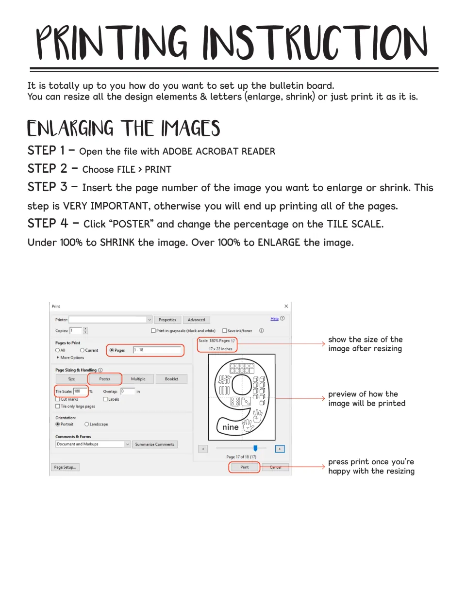 Printing instructions explain how to resize the number posters using Adobe Acrobat Reader's Poster setting