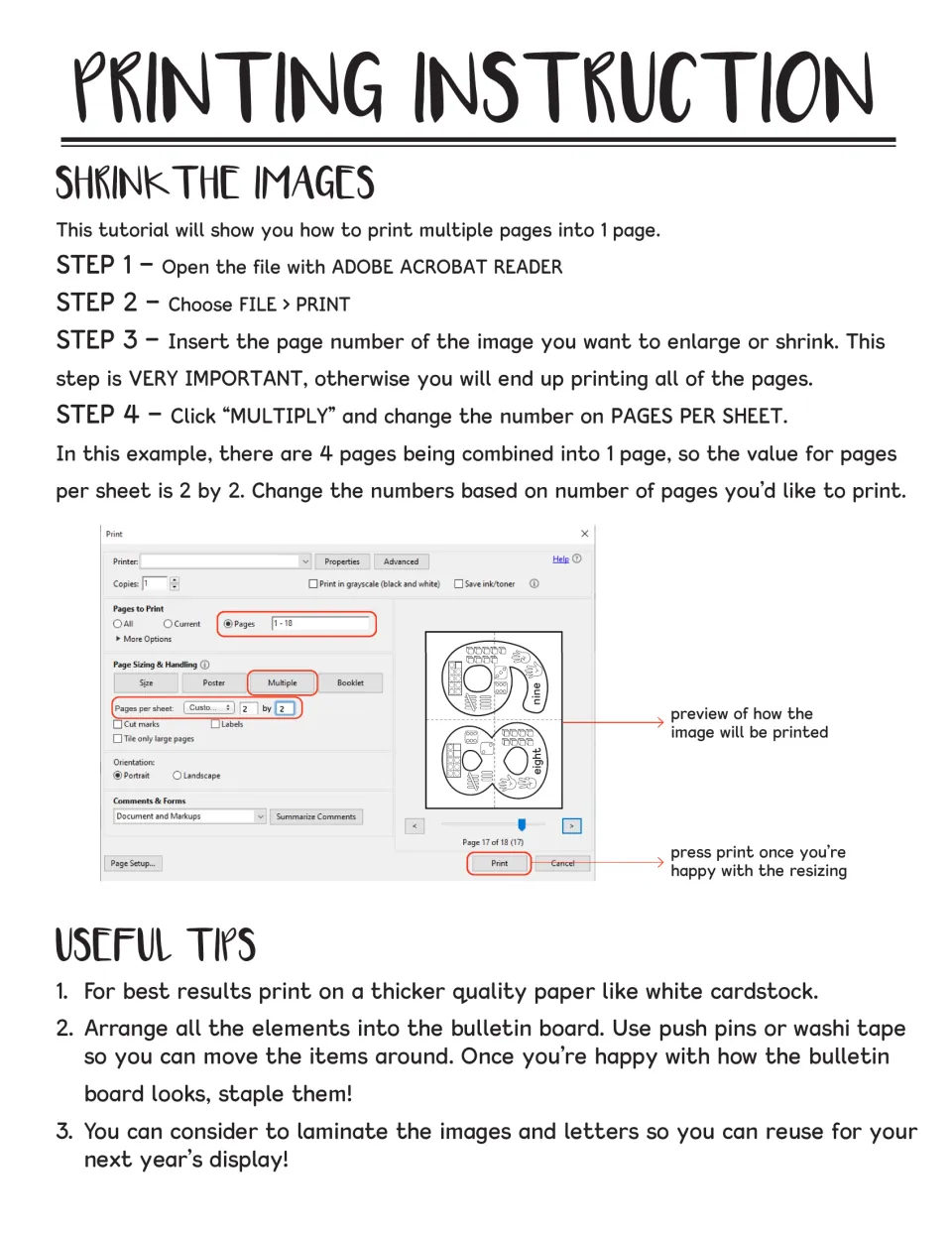 Printing instructions show how to print several number posters per sheet, with cardstock and laminating tips