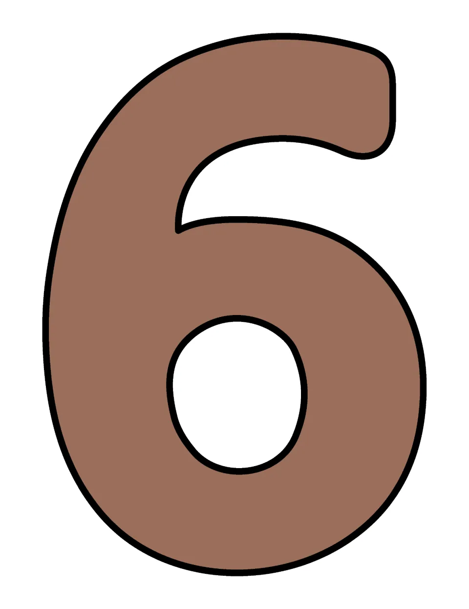 Blank brown numeral 6 cutout poster, one of the numbers 1–20 for the boho rainbow classroom display