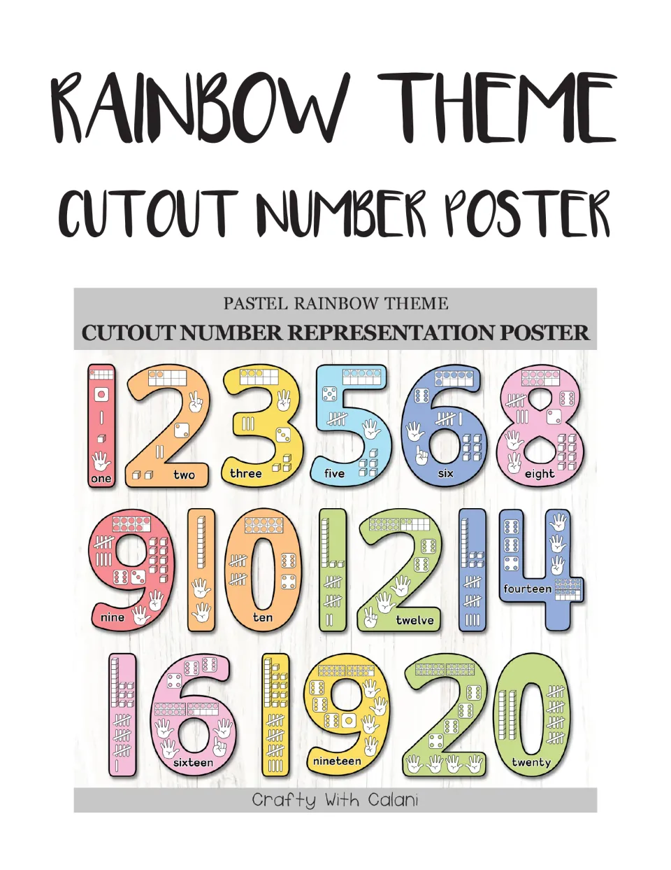 Cover for the pastel rainbow cutout number poster set, showing numerals filled with number representations