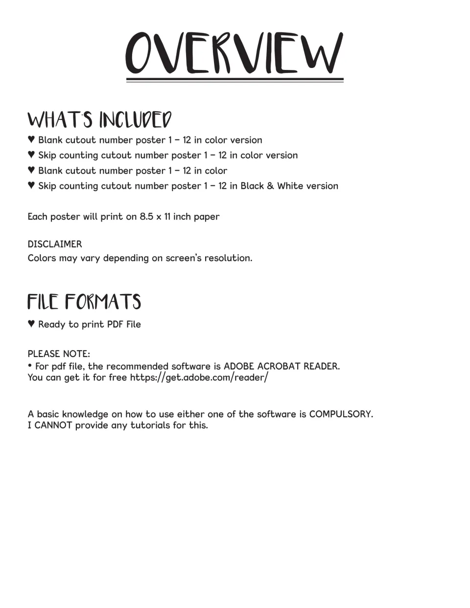 Overview of what is included: blank and skip-counting number posters 1 to 12 in color and black and white, as a print PDF
