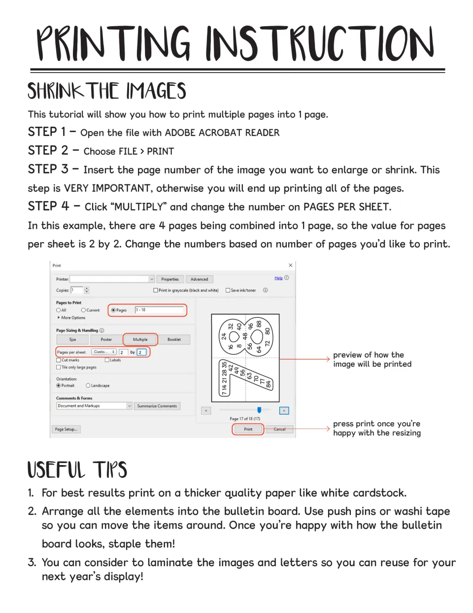 Print guide for shrinking several posters onto one sheet with the Multiple option, plus cardstock and laminating tips