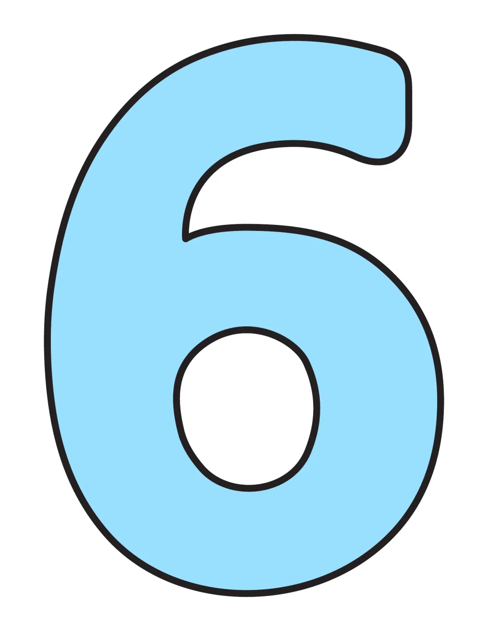 Blank light blue numeral 6 cutout, empty inside, for adding the multiples of six as students skip count by sixes