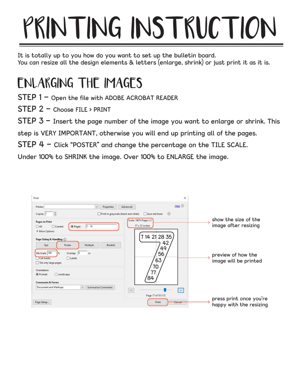 Printing instructions for enlarging: four steps using the Poster tile scale in Adobe Acrobat Reader, shown on numeral 7