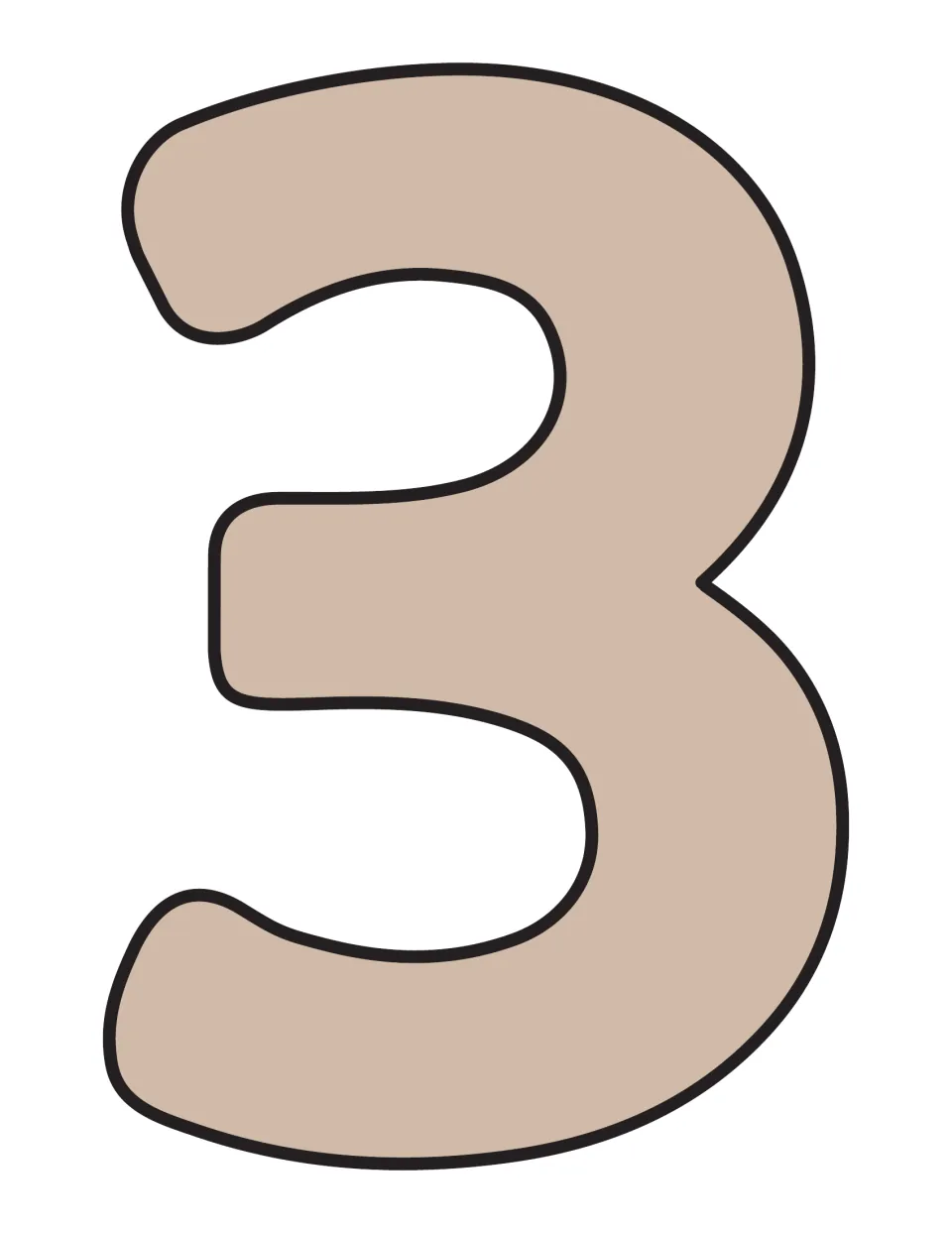 Blank numeral 3 cutout in light taupe with an empty interior for writing multiples of 3 or using as plain wall decor