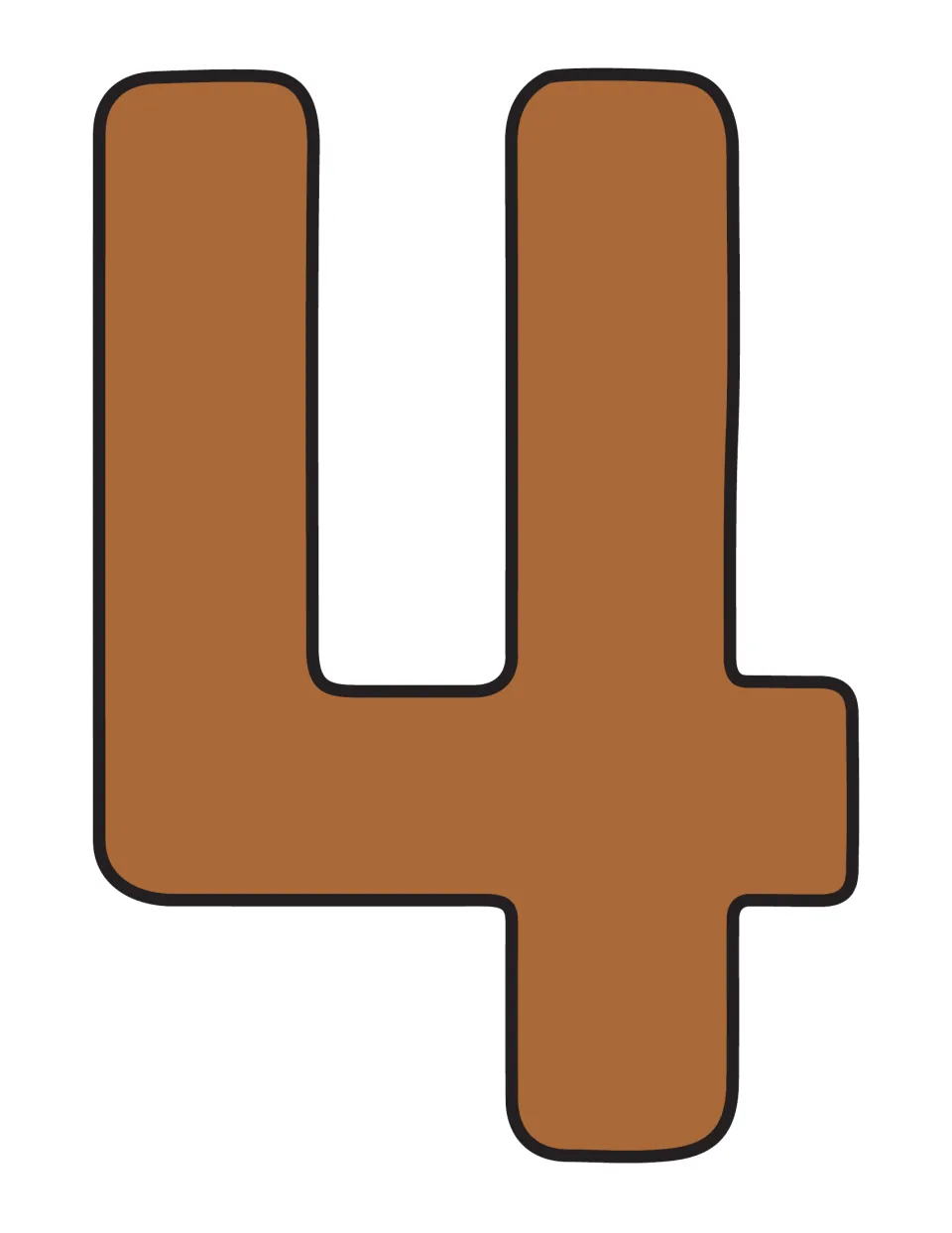 Blank numeral 4 cutout in warm rust brown, left empty for a count-by-4 sequence or a plain number line display