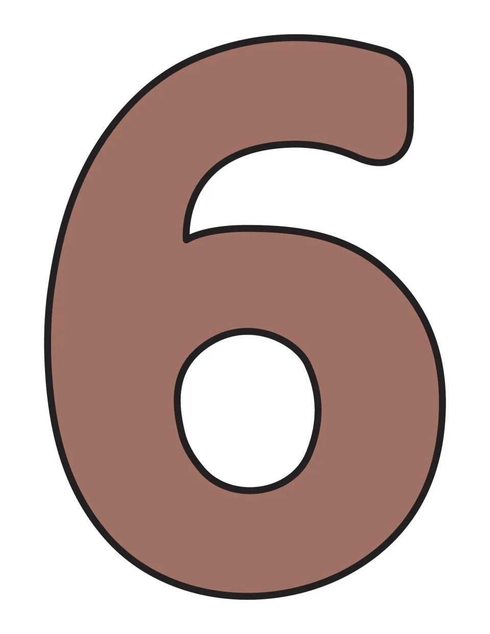 Blank numeral 6 cutout in mauve brown with an open center, ready for students to record the multiples of 6 before display