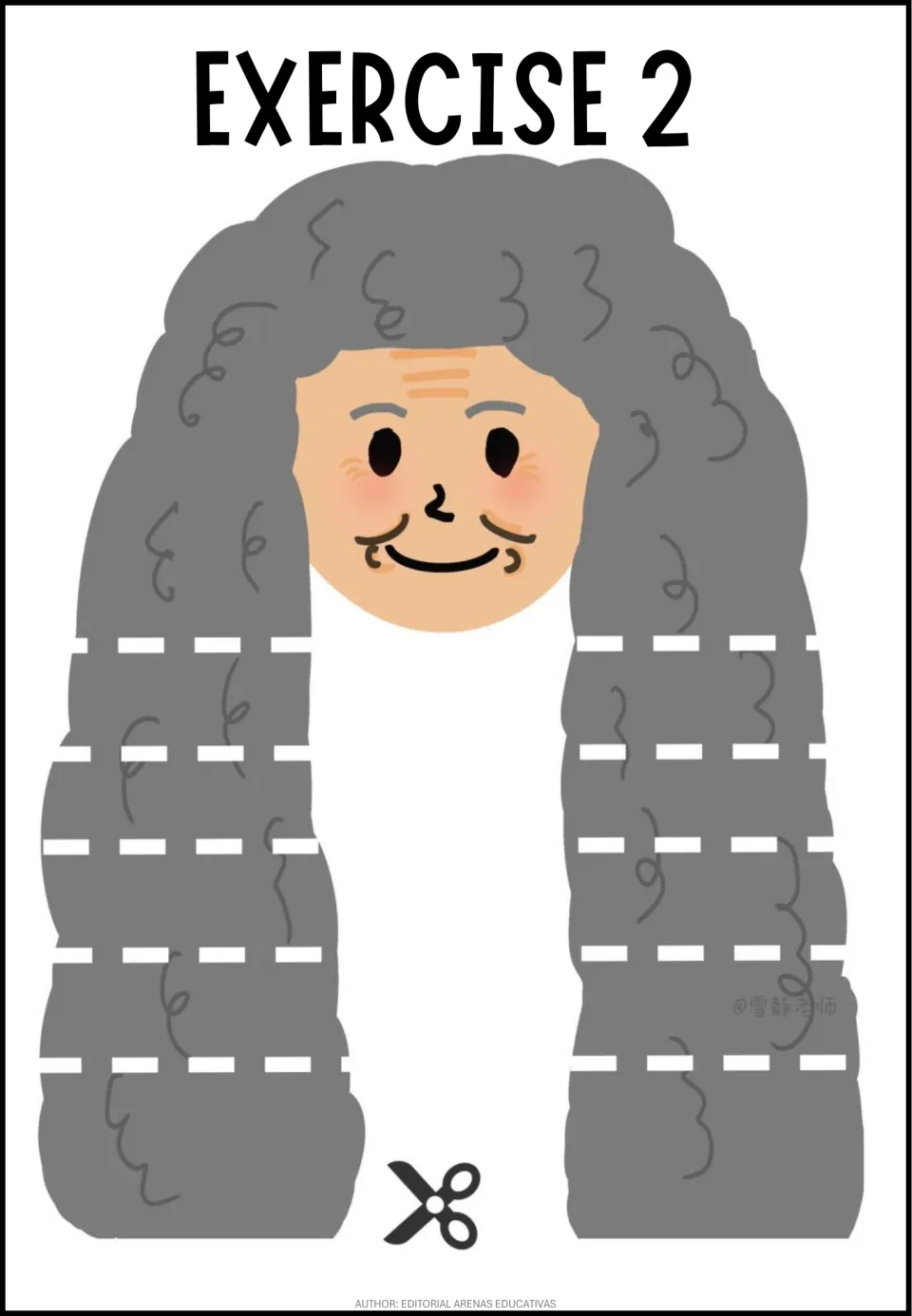 Exercise 2 scissor skills: students snip across dashed marks on both sides of a grandmother's long curly gray hair