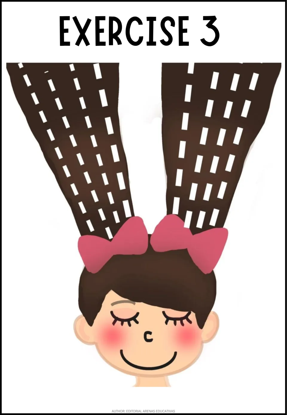 Exercise 3 scissor skills: students cut up dashed paths on a girl's two long brown pigtails tied with pink bows