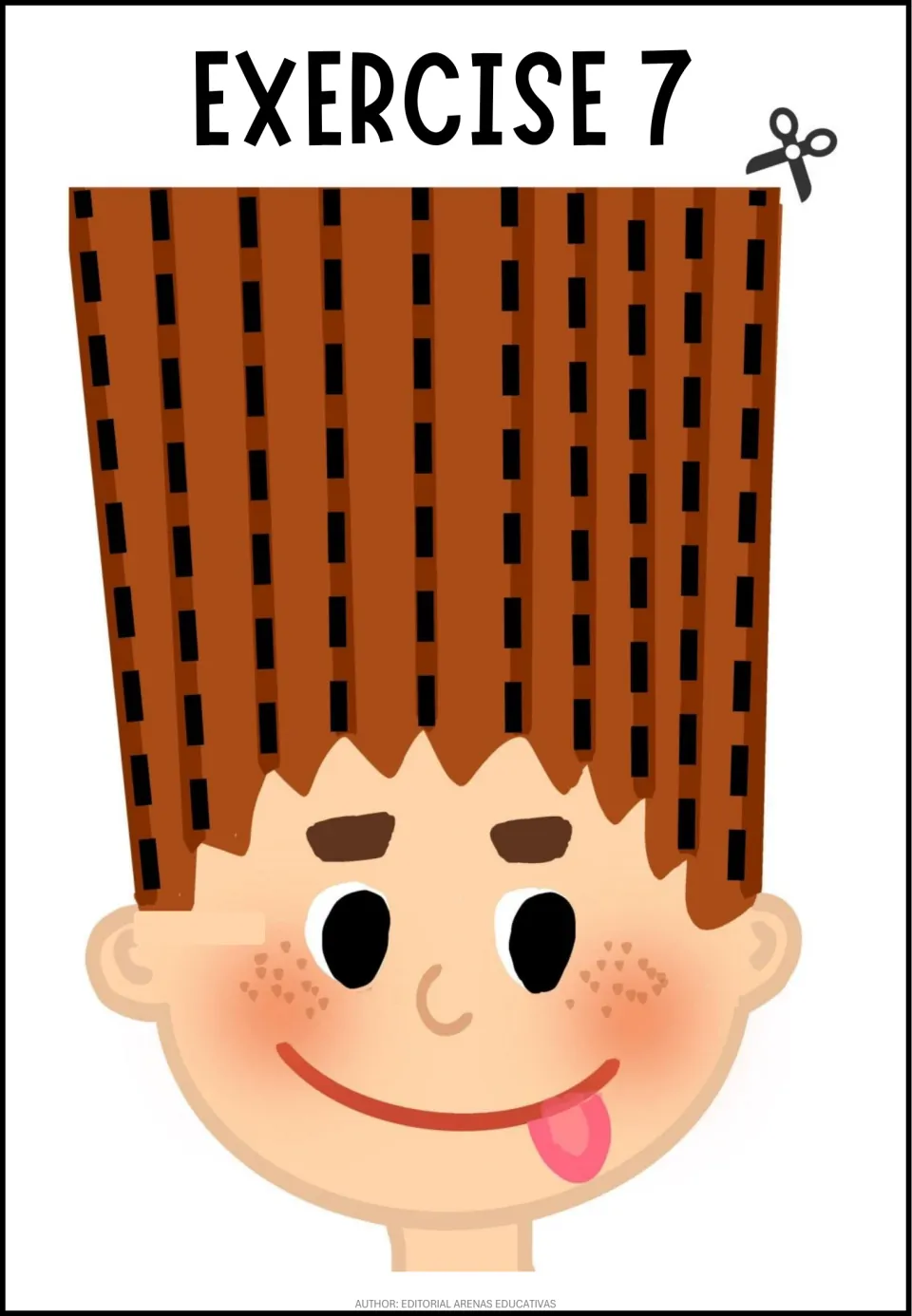 Exercise 7 scissor skills: students cut many black dashed strips down a freckled boy's tall auburn hair to his face