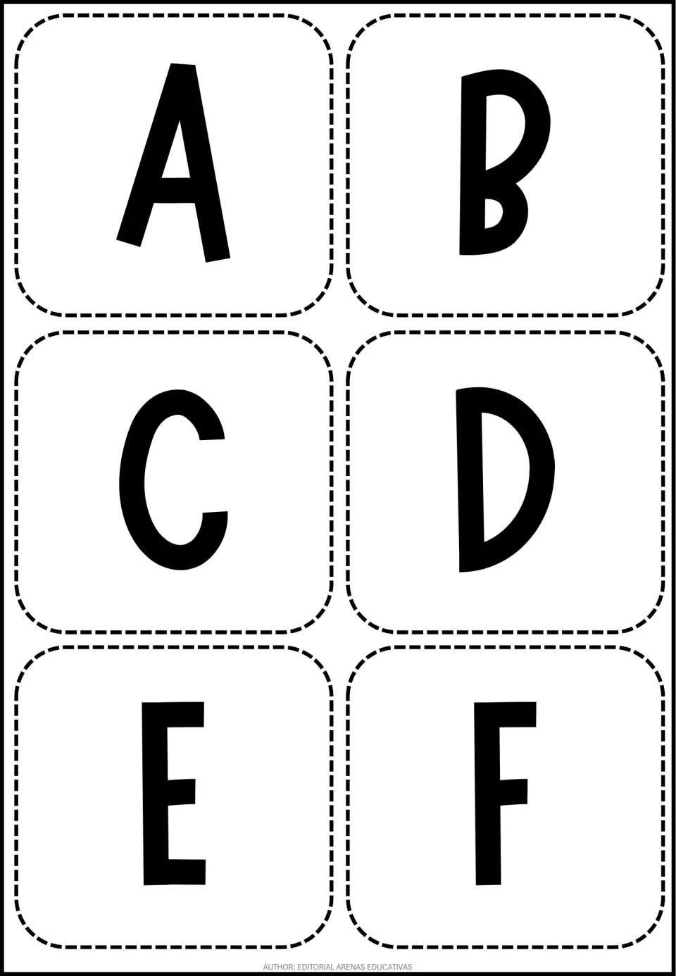 Alphabet cutting flashcards A, B, C, D, E, and F, the first six letter cards in the alphabet and number set