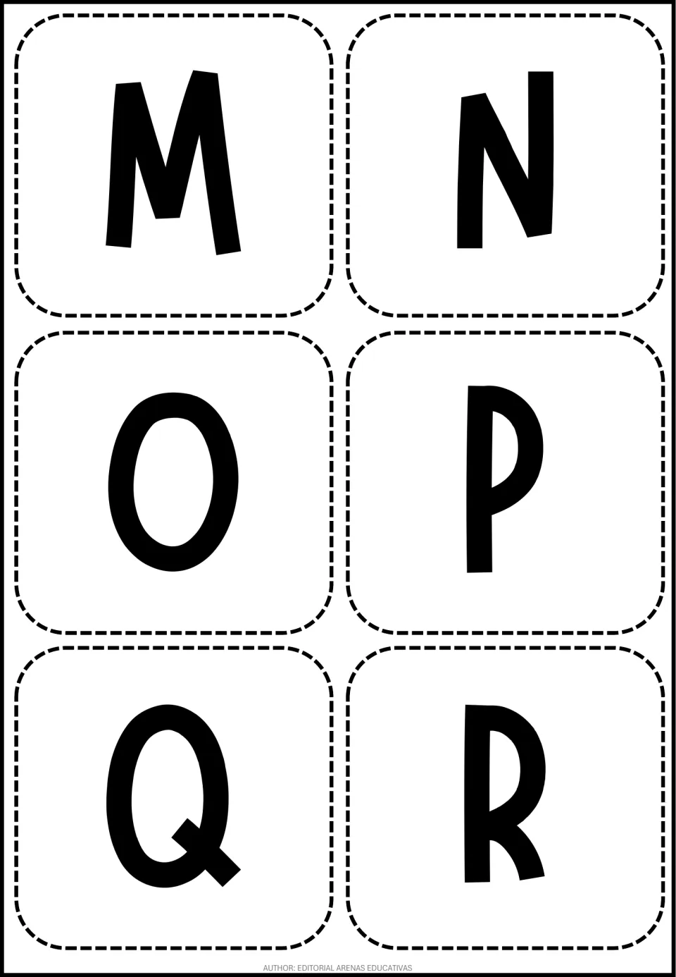 Alphabet cutting flashcards M, N, O, P, Q, and R, continuing the letter sequence in the 36-card set