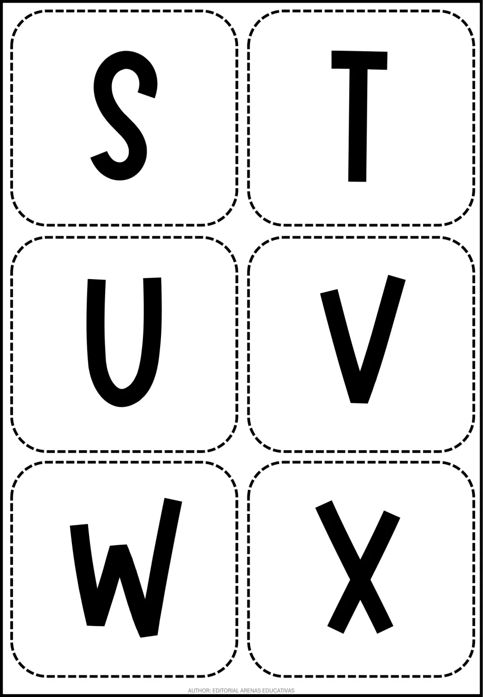 Alphabet cutting flashcards S, T, U, V, W, and X, continuing the alphabet portion of the 36-card set