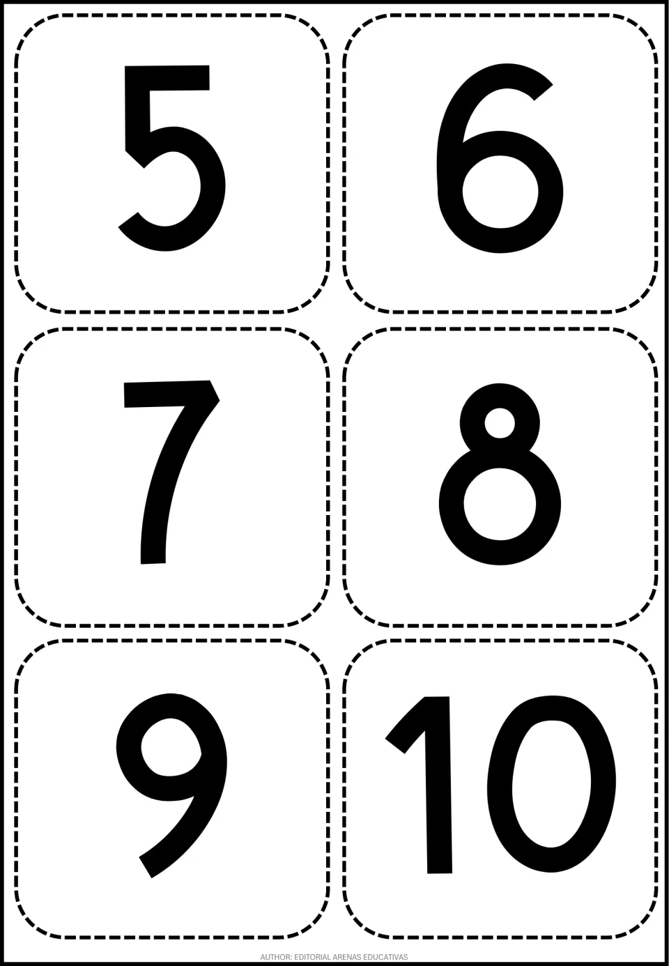 Number cutting flashcards 5, 6, 7, 8, 9, and 10, completing the number sequence in the 36-card set