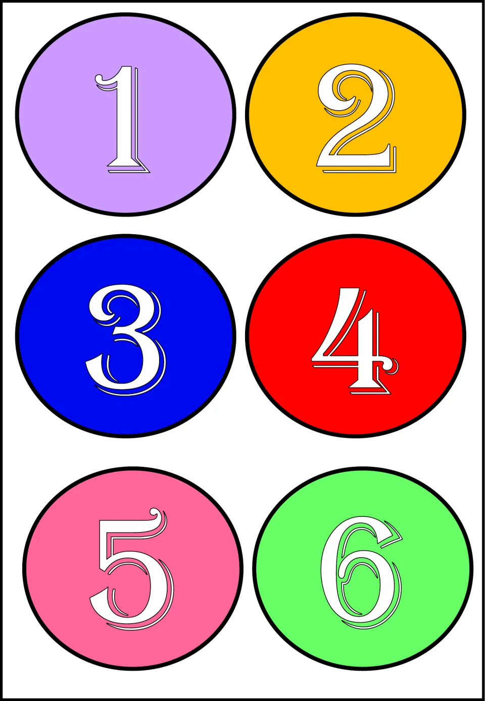 First cutout sheet in the 20-number set: colored circles labeled 1, 2, 3, 4, 5, and 6 for cutting apart