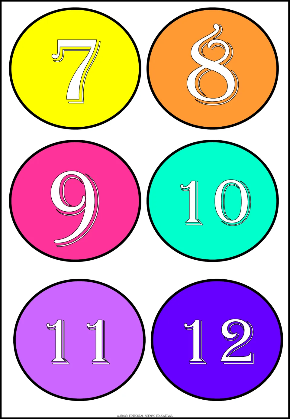 Second cutout sheet in the 20-number set: colored circles labeled 7, 8, 9, 10, 11, and 12 for cutting apart