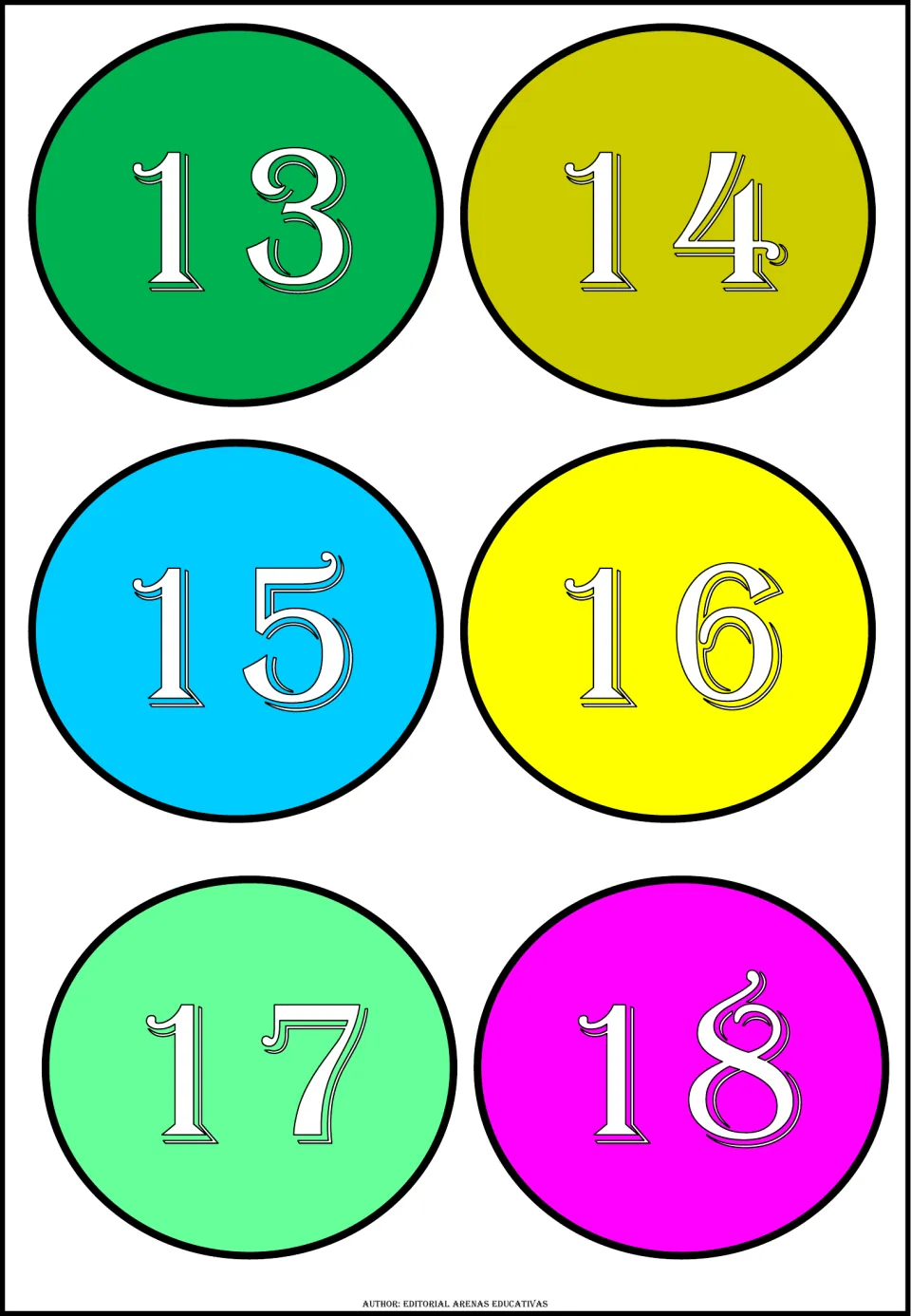 Third cutout sheet in the 20-number set: colored circles labeled 13, 14, 15, 16, 17, and 18 for cutting apart