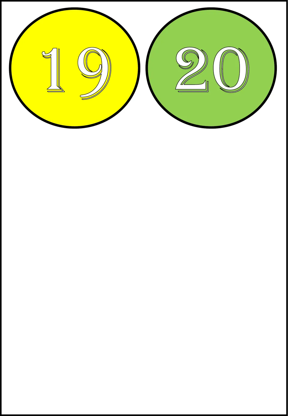 Final cutout sheet in the 20-number set: a yellow circle labeled 19 and a green circle labeled 20