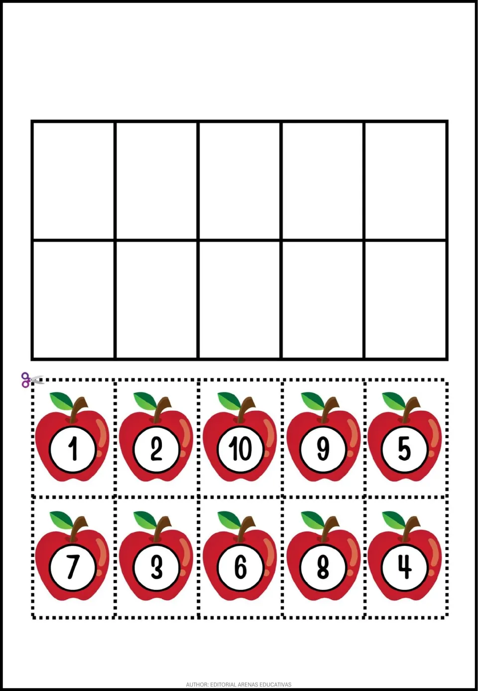 Number-cutting activity sheet featuring 10 apple pieces labeled 1, 2, 10, 9, 5, 7, 3, 6, 8 and 4 to cut apart.
