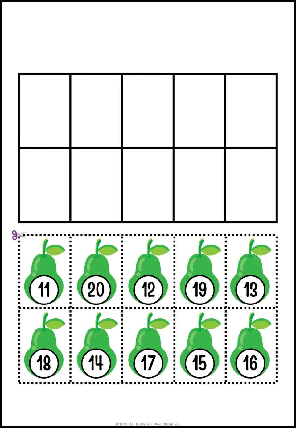 Number-cutting activity sheet featuring 10 pear pieces labeled 11–20 in mixed order for cutting practice.