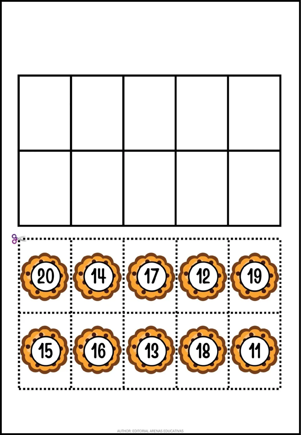 Number-cutting activity sheet featuring 10 cookie pieces labeled 11–20 in mixed order to cut apart.