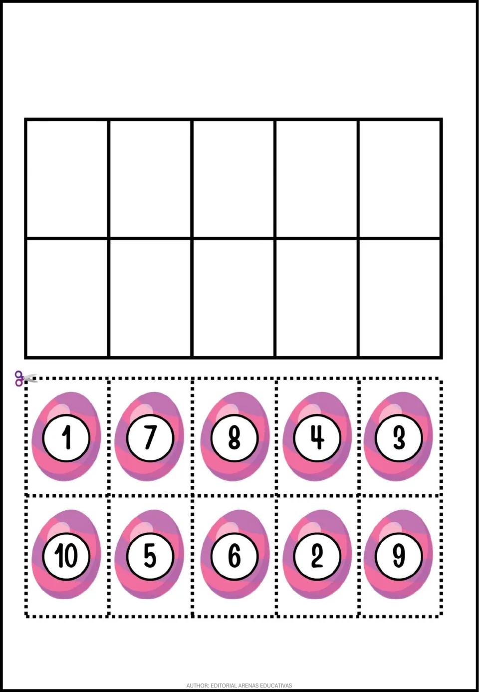 Number-cutting activity sheet featuring 10 egg pieces labeled 1, 7, 8, 4, 3, 10, 5, 6, 2 and 9 to cut apart.