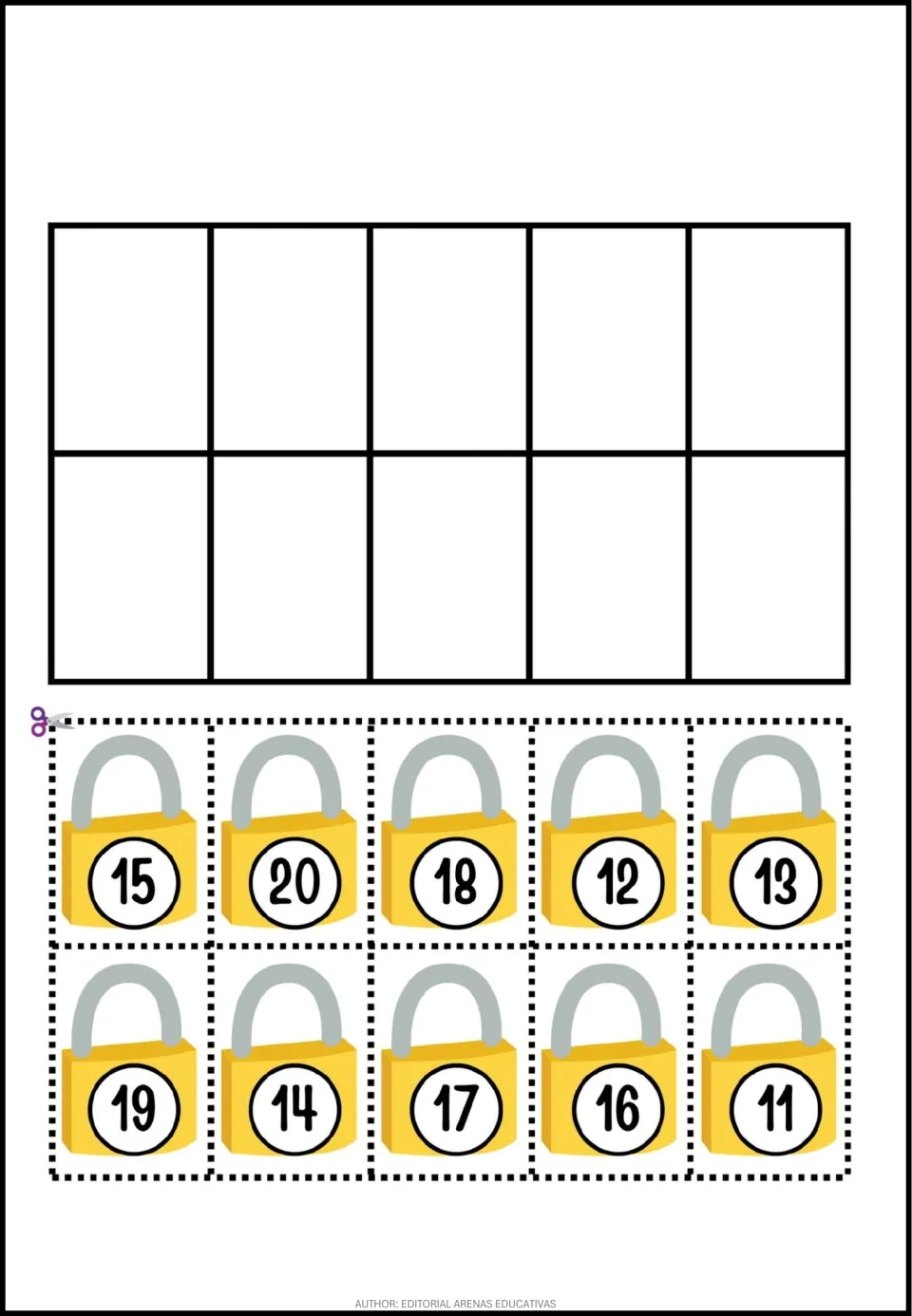 Number-cutting activity sheet featuring 10 padlock pieces labeled 11–20 in mixed order to cut apart.