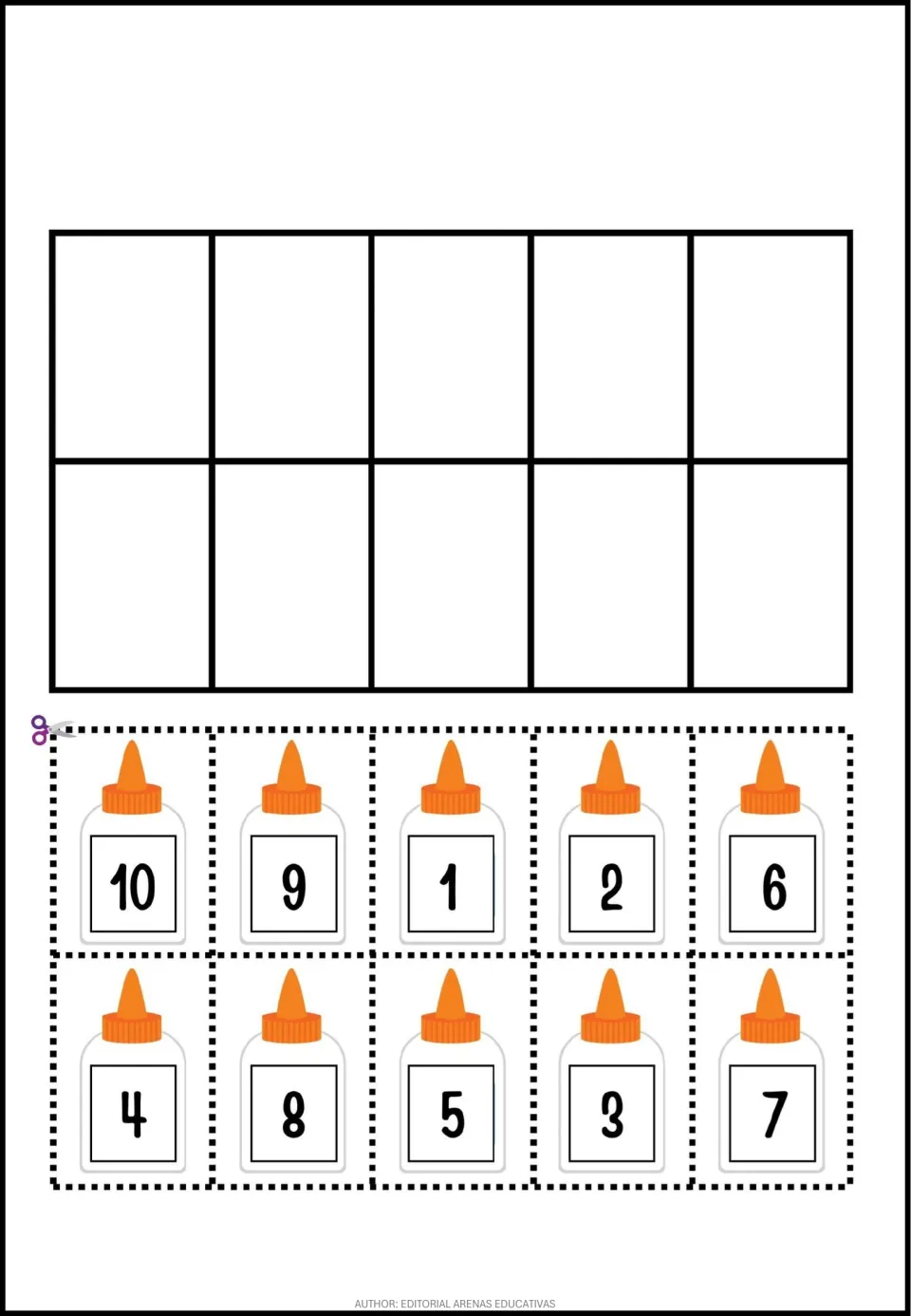 Number-cutting activity sheet featuring 10 glue bottle pieces labeled 1–10 in mixed order to cut apart.
