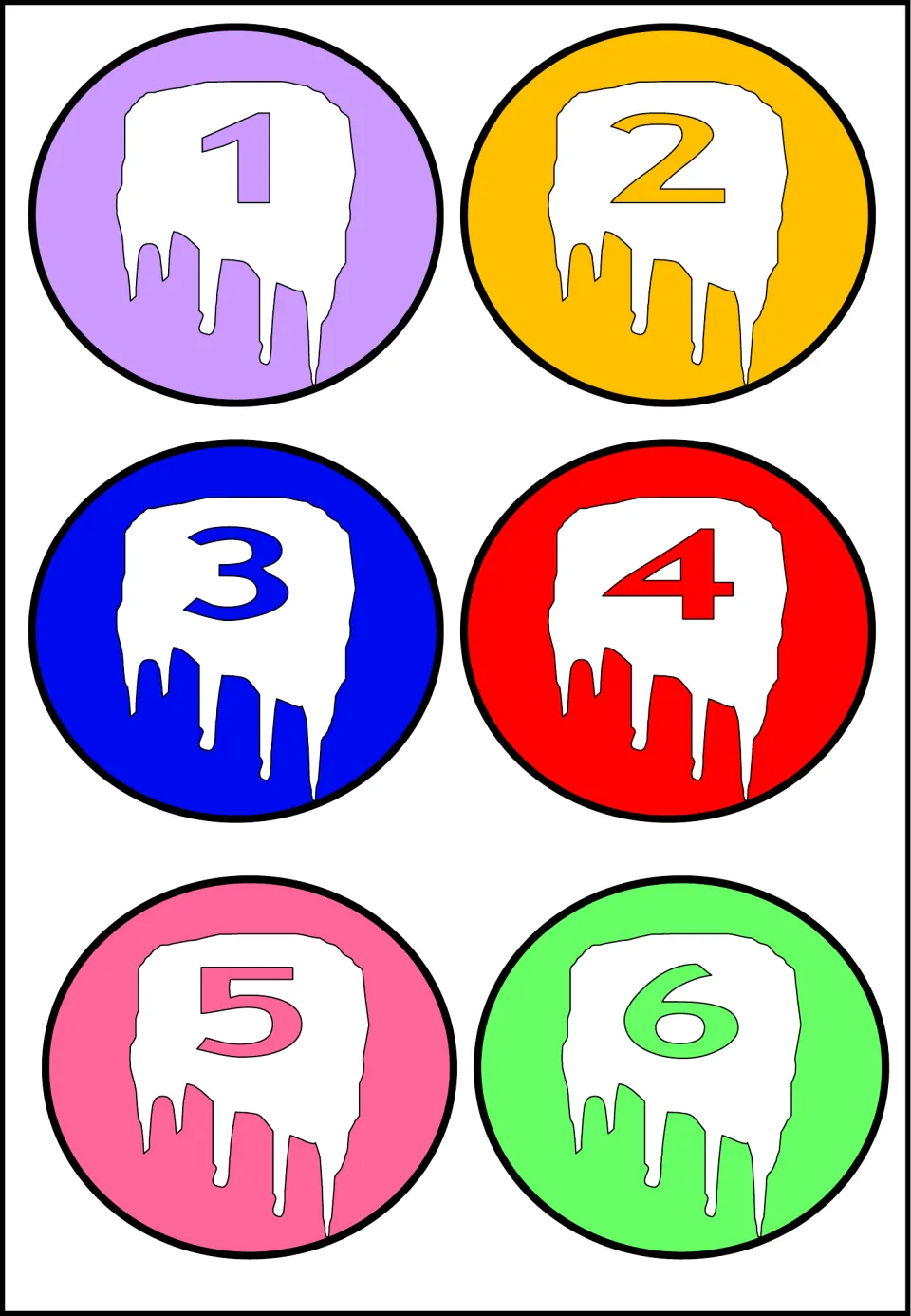 Number cutouts 1–6 of the 20-piece set, each showing a numeral on a white ghost shape inside a colored circle.
