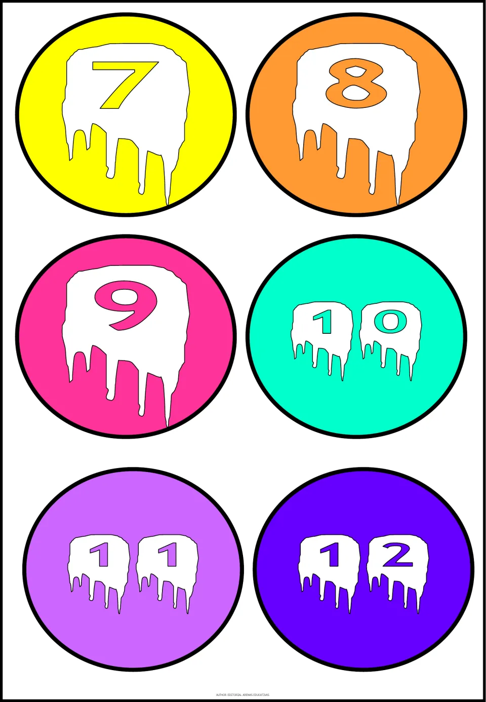Number cutouts 7–12 of the 20-piece set, with one white ghost shape behind each digit inside colored circles.