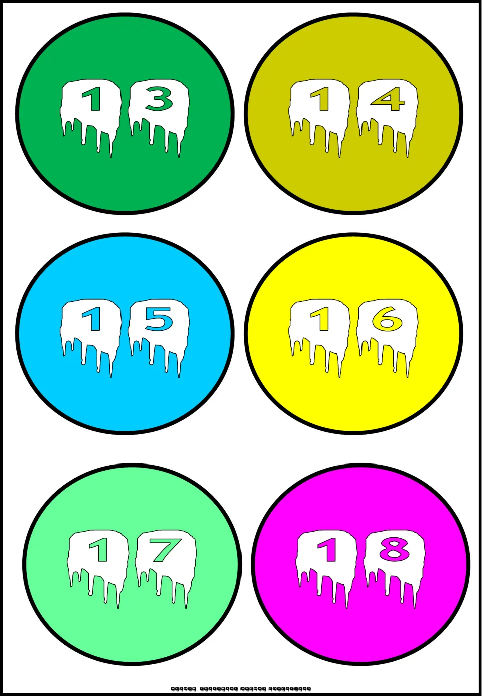 Number cutouts 13–18 of the 20-piece set, each displaying two digits on separate white ghost shapes.