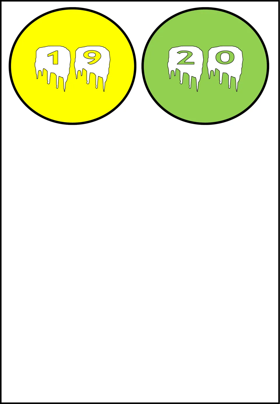 Final number cutouts 19 and 20 of the 20-piece set, with each digit on a white ghost shape in a colored circle.