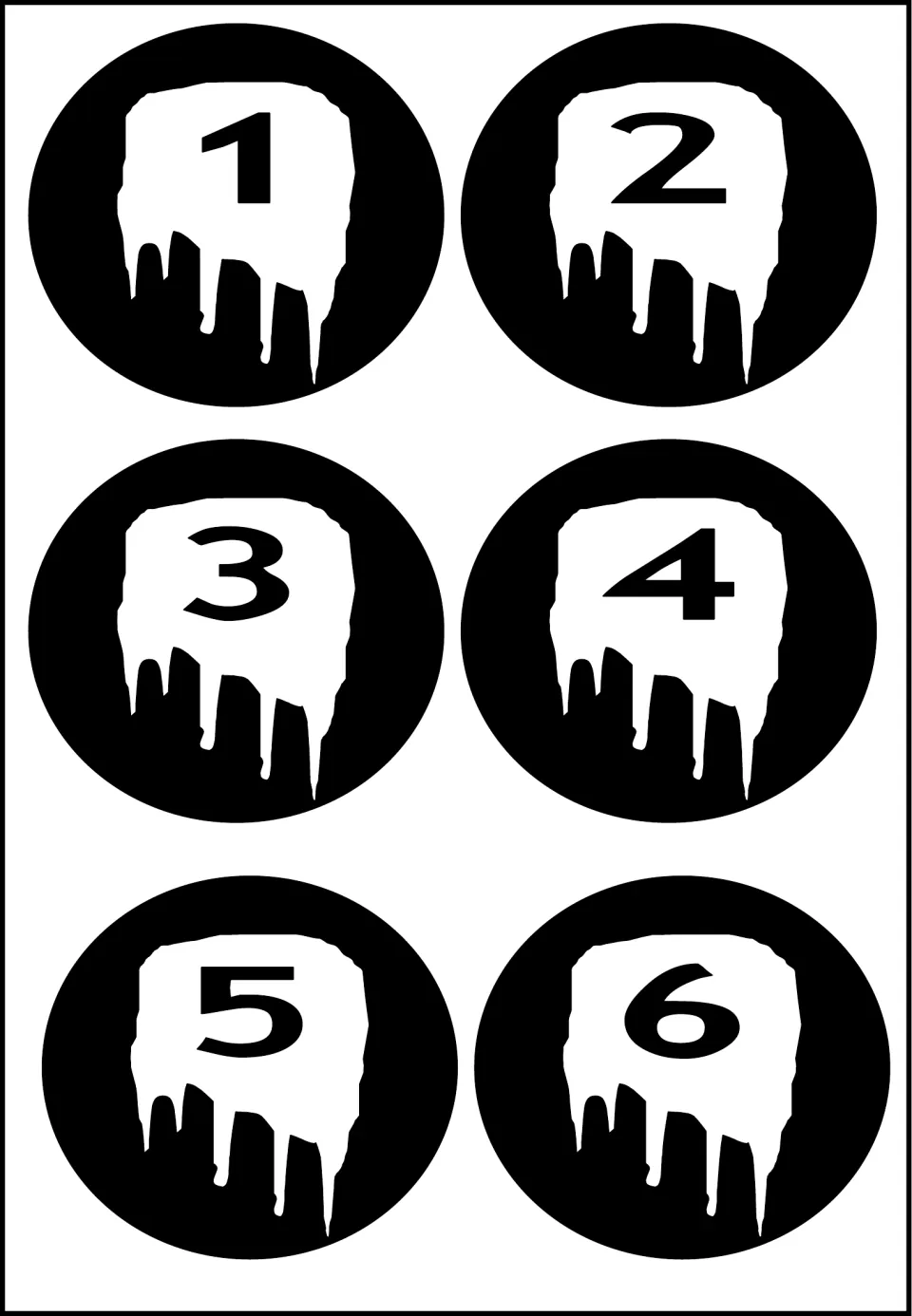 Number cutouts 1–6 from the 20-piece set, each showing a single numeral on a white dripping shape