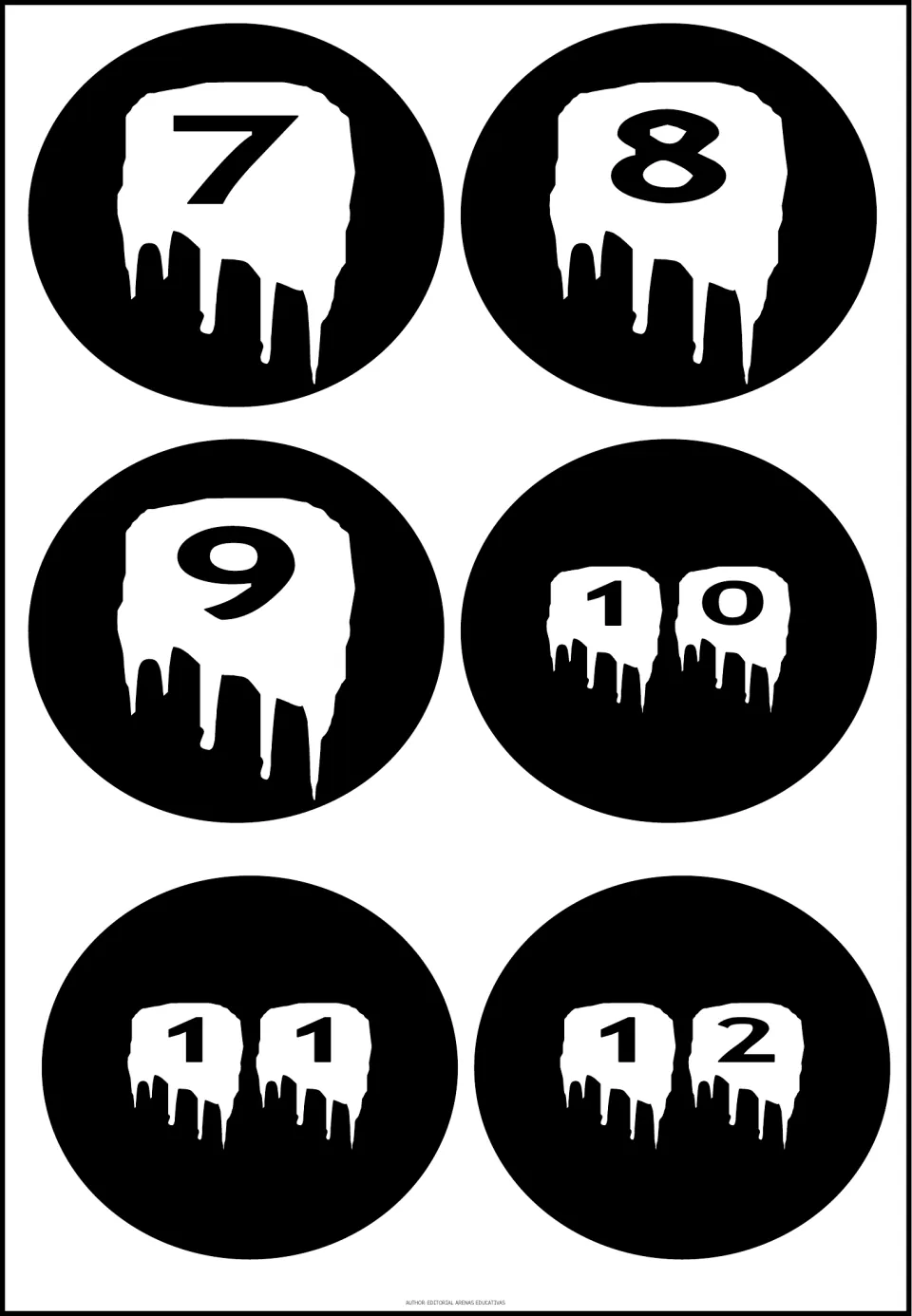Number cutouts 7–12 from the 20-piece set, with separate white dripping shapes for each digit in 10–12