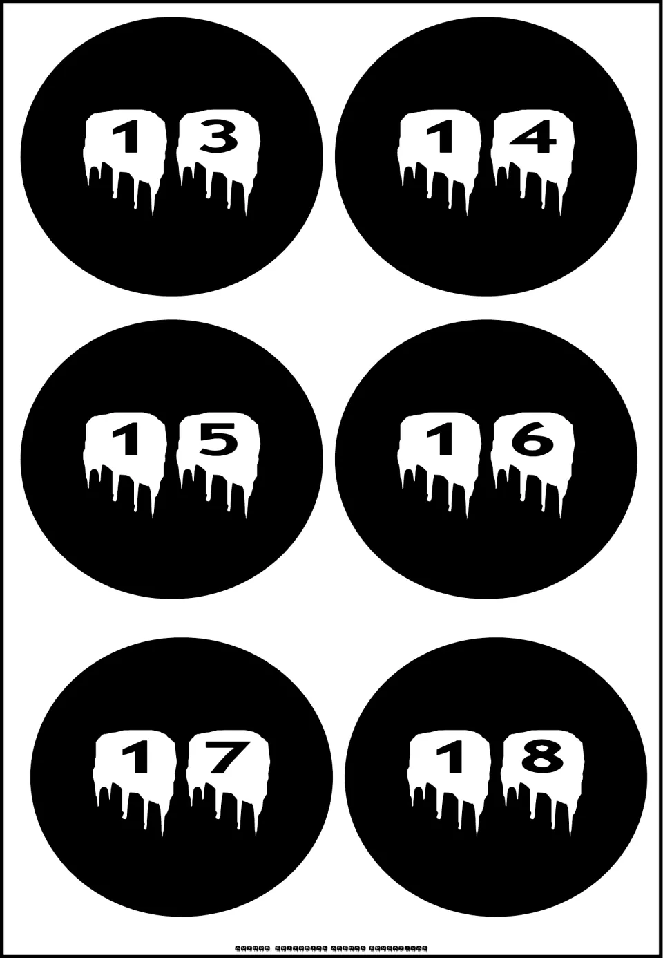 Number cutouts 13–18 from the 20-piece set, each displaying two digits on separate white dripping shapes