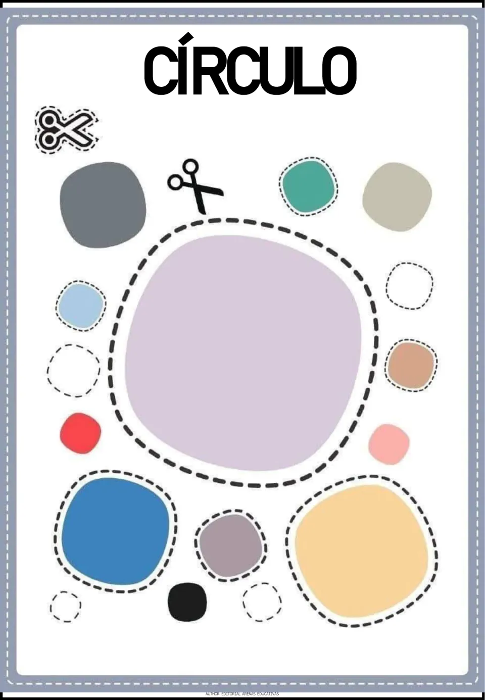 Círculo (circle): students cut out one big lilac circle plus smaller colored and blank circles along dashed cut marks