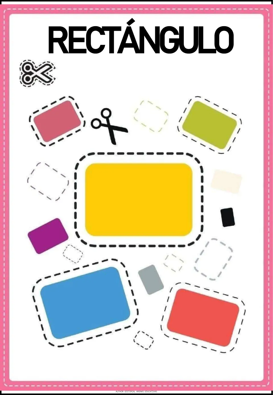 Rectángulo (rectangle) scissor practice: children cut a large yellow rectangle and smaller colored and blank rectangles