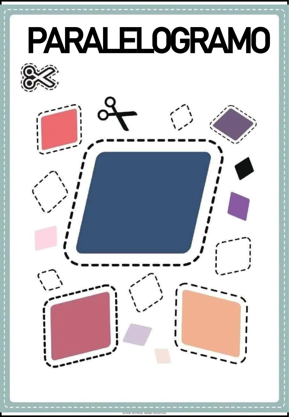 Paralelogramo (parallelogram): students cut a big navy parallelogram and smaller slanted pieces in pink, purple and peach