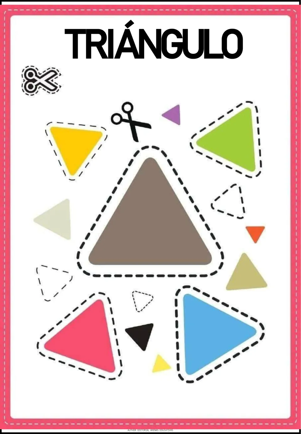 Triángulo (triangle) cutting page: students snip out a large brown triangle and smaller yellow, green, pink and blue ones