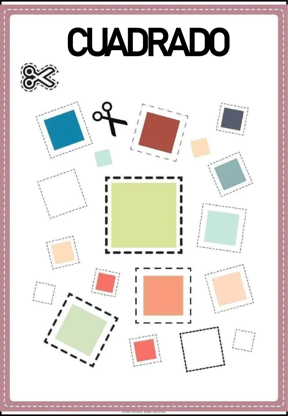 Cuadrado (square): learners cut out a large green square and many small squares in blue, red, peach and gray-blue