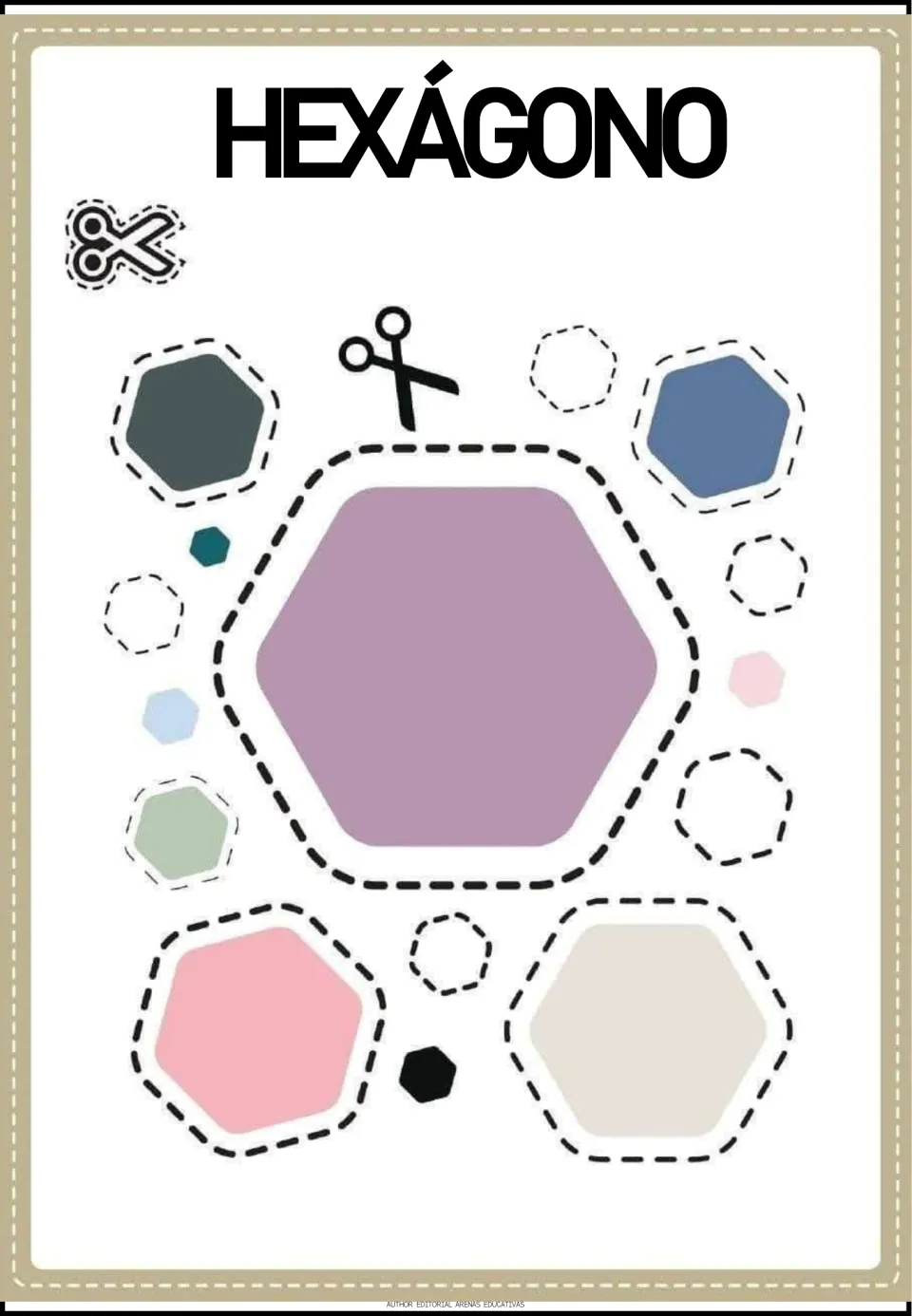 Hexágono (hexagon): students cut out a big mauve hexagon plus smaller six-sided pieces in navy, pink, sage and cream