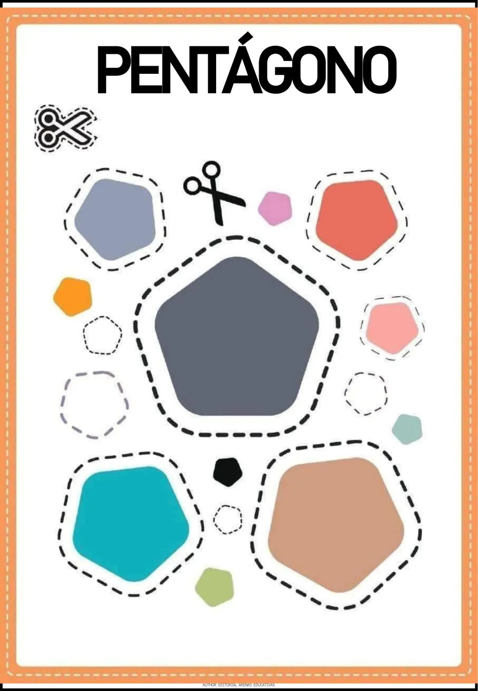 Pentágono (pentagon): children cut out a large slate pentagon and smaller five-sided shapes in teal, coral, tan and pink