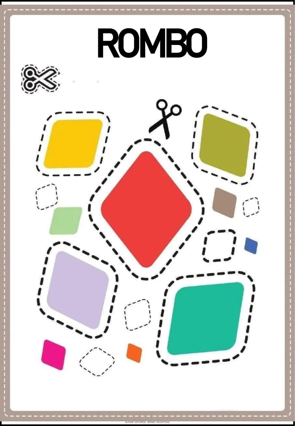 Rombo (rhombus): students cut out a big red rhombus and smaller diamond shapes in yellow, olive, lavender and green