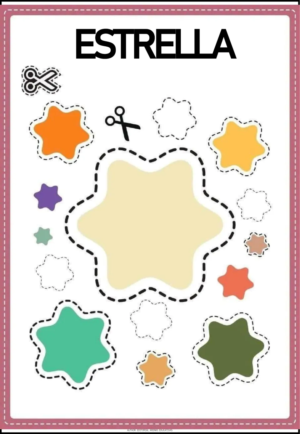 Estrella (star): students cut out a large cream six-point star and smaller stars in orange, green, purple and yellow