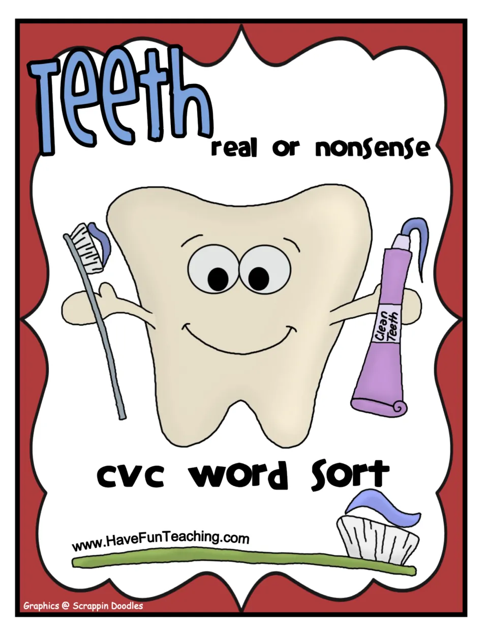 Teeth real or nonsense CVC word sort cover: a smiling tooth holds a toothbrush and toothpaste under the title