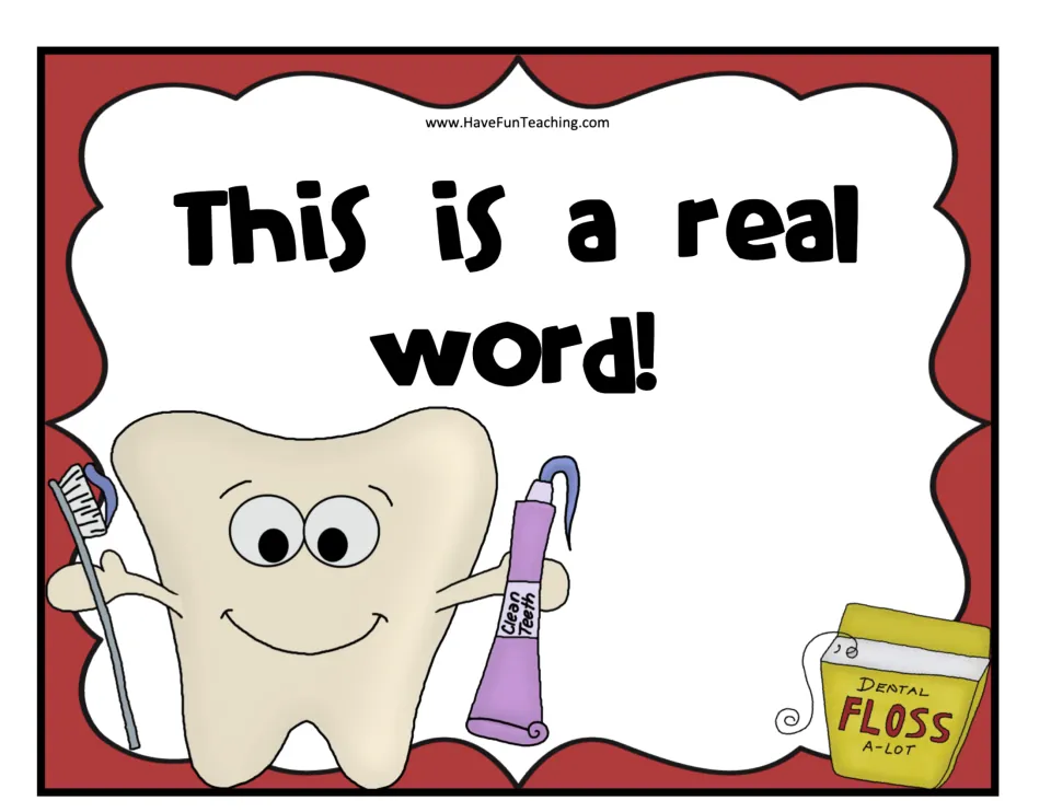 Sorting mat headed 'This is a real word!' with a tooth, toothpaste and dental floss for placing real CVC word cards